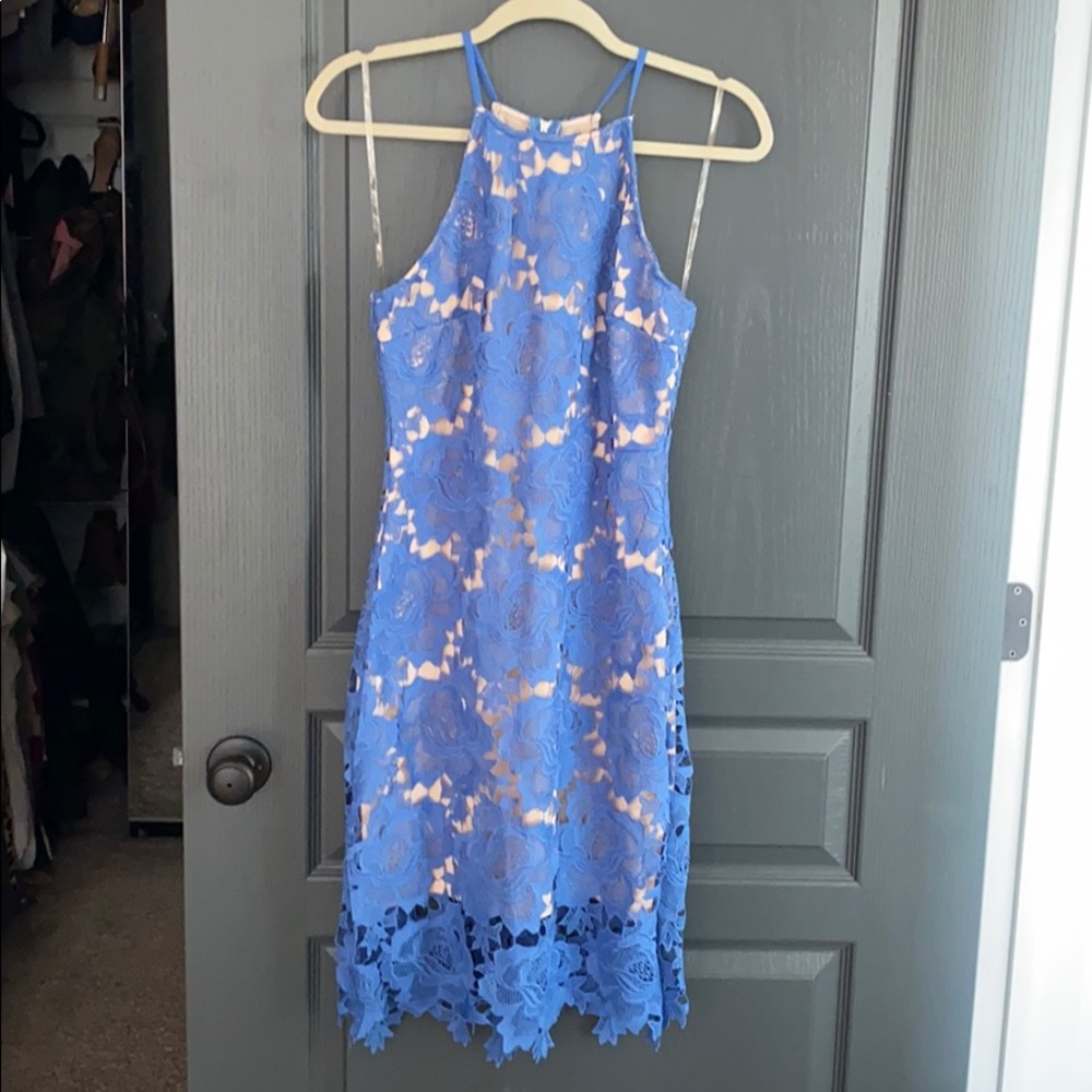 Blue sleeveless nude illusion dress.
